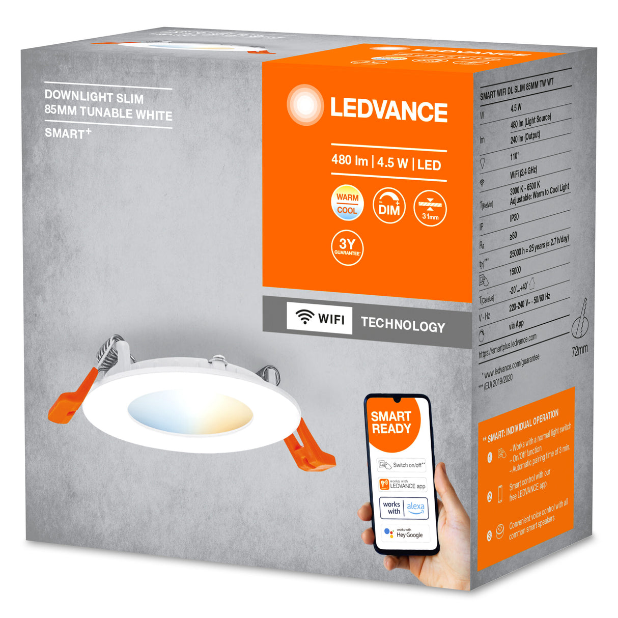 Downlight LED Ledvance "Smart"   4,5W 240Lm 3000…6500K 110º IP20 Regulable