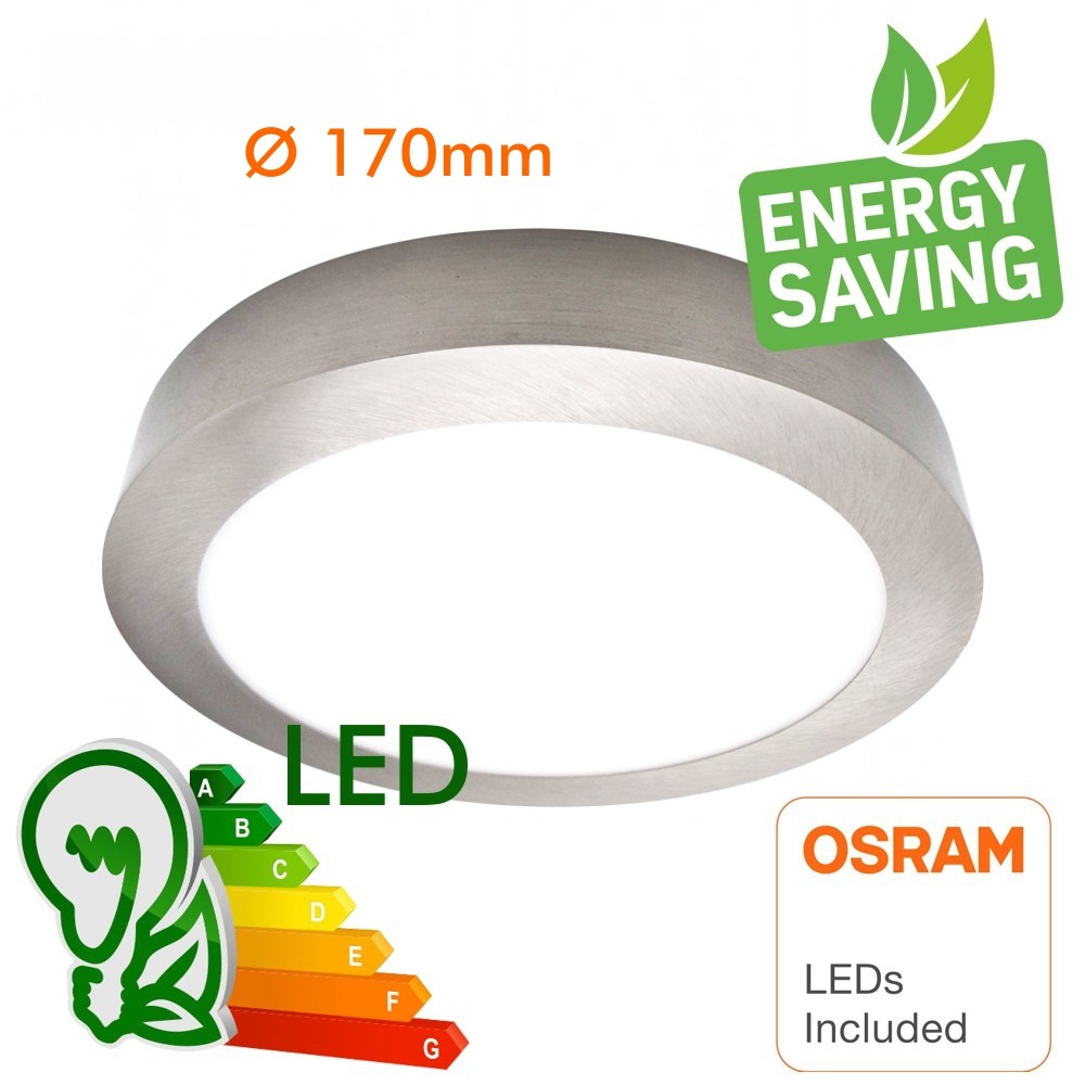 Luminaria led de superficie de gran calidad con cuerpo de aluminio y niquelado en acero inoxidable, chip alto brillo OSRAM SMD2835, selector de color de luz (cálida, neutra o fría), NO Flicker (sin parpadeos), Driver integrado, Sistema mejorado de disipación térmica.