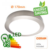 Luminaria led de superficie de gran calidad con cuerpo de aluminio y niquelado en acero inoxidable, chip alto brillo OSRAM SMD2835, selector de color de luz (cálida, neutra o fría), NO Flicker (sin parpadeos), Driver integrado, Sistema mejorado de disipación térmica.