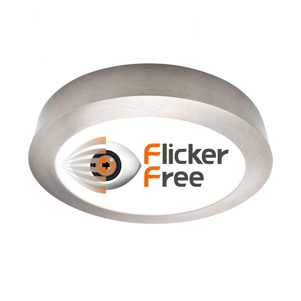 Luminaria led de superficie de gran calidad con cuerpo de aluminio y niquelado en acero inoxidable, chip alto brillo OSRAM SMD2835, selector de color de luz (cálida, neutra o fría), NO Flicker (sin parpadeos), Driver integrado, Sistema mejorado de disipación térmica.